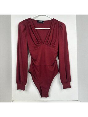 Cider Bodysuit Maroon Wine Ribbed Jersey Knit Ruched Long Sleeves XS Deep V-neck